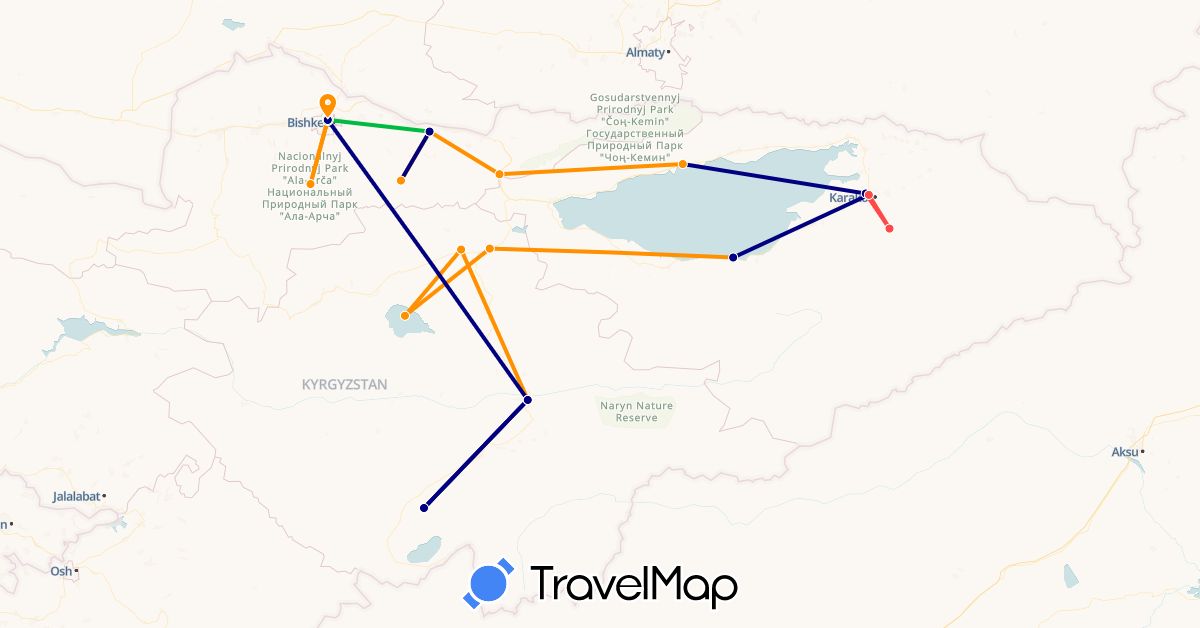 TravelMap itinerary: driving, bus, hiking, hitchhiking in Kyrgyzstan (Asia)