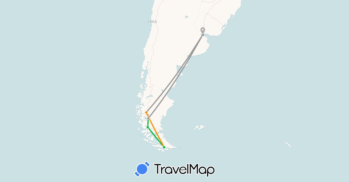 TravelMap itinerary: driving, bus, plane, hitchhiking in Argentina, Chile (South America)